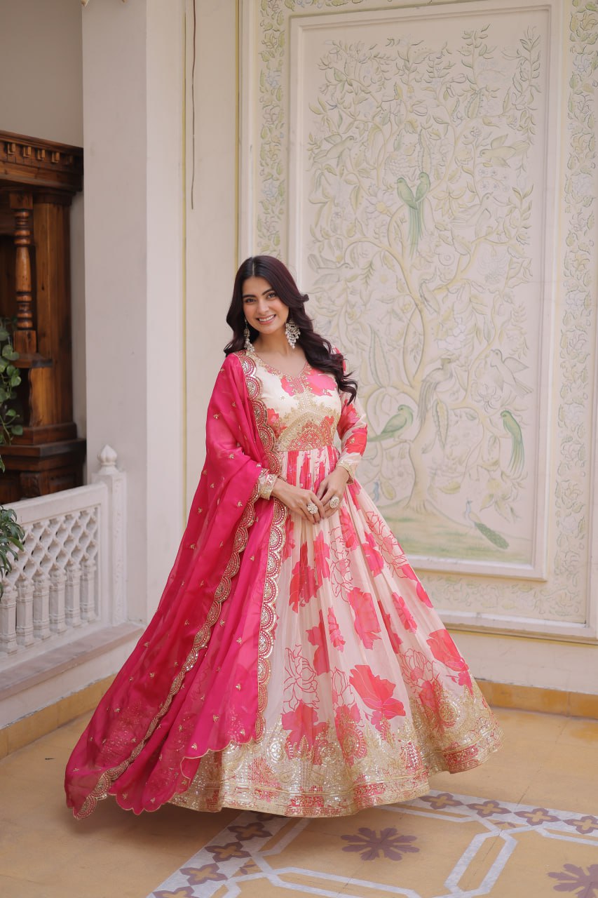 floral design anarkali dresses Tulip Designer | Step into effortless elegance with this Elegant Fox Georgette Floral Anarkali Gown Set, designed to bring together grace and modern charm