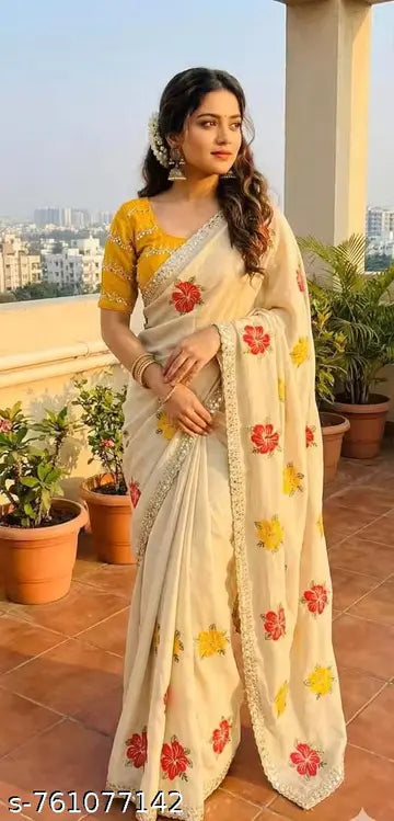 Graceful Cream Saree with Floral Work & Designer Yellow Blouse
