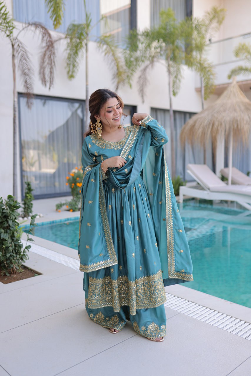 Designer Anarkali Gown & Palazzo Suit Set for Women with Dupatta | Embroidered Festive & Wedding Wear Ethnic Outfit