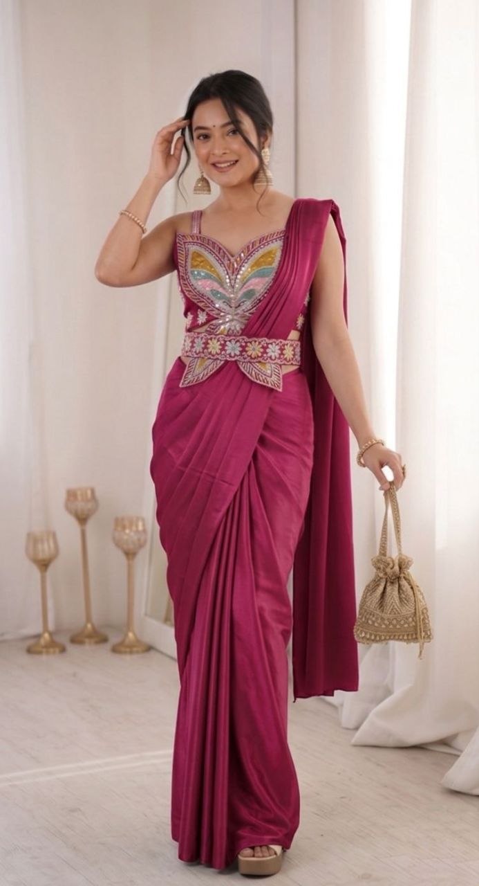New Super Trending Embroidery Sequence work ready to wear saree with Embroidery Blouse