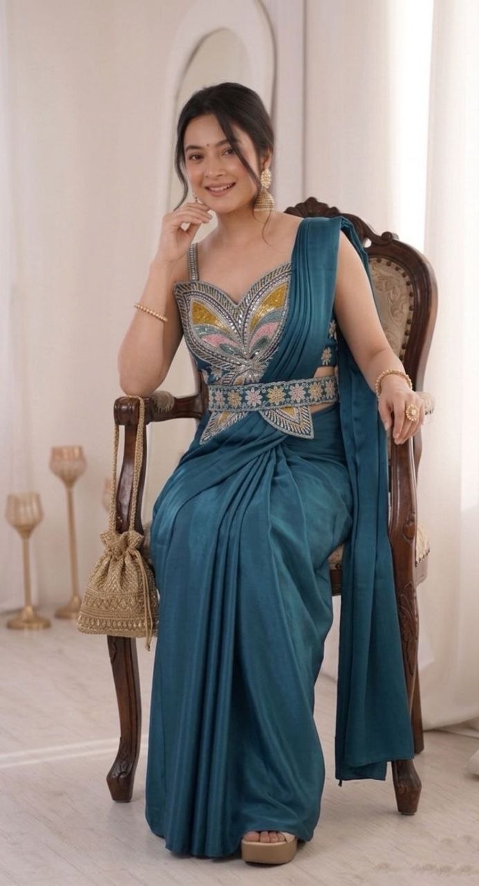 New Super Trending Embroidery Sequence work ready to wear saree with Embroidery Blouse