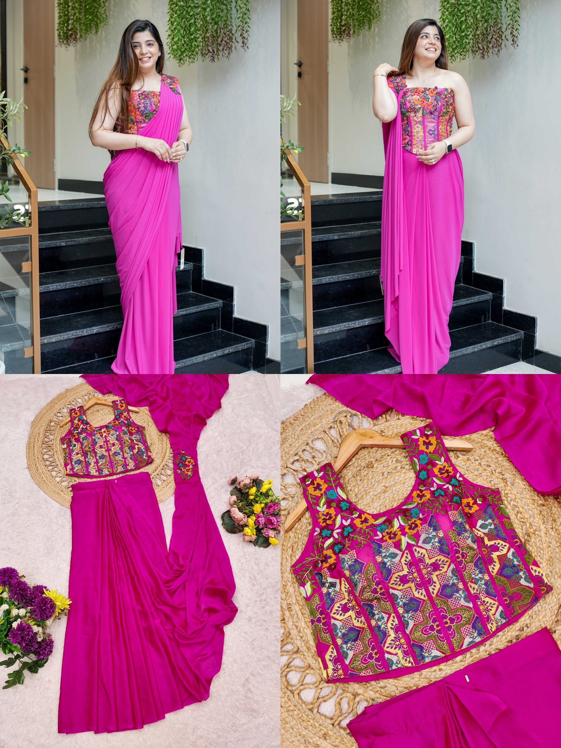Premium Floral Embroidered Ready-to-Wear Saree – Hot Pink Designer Party Wear Collection 🌸💖