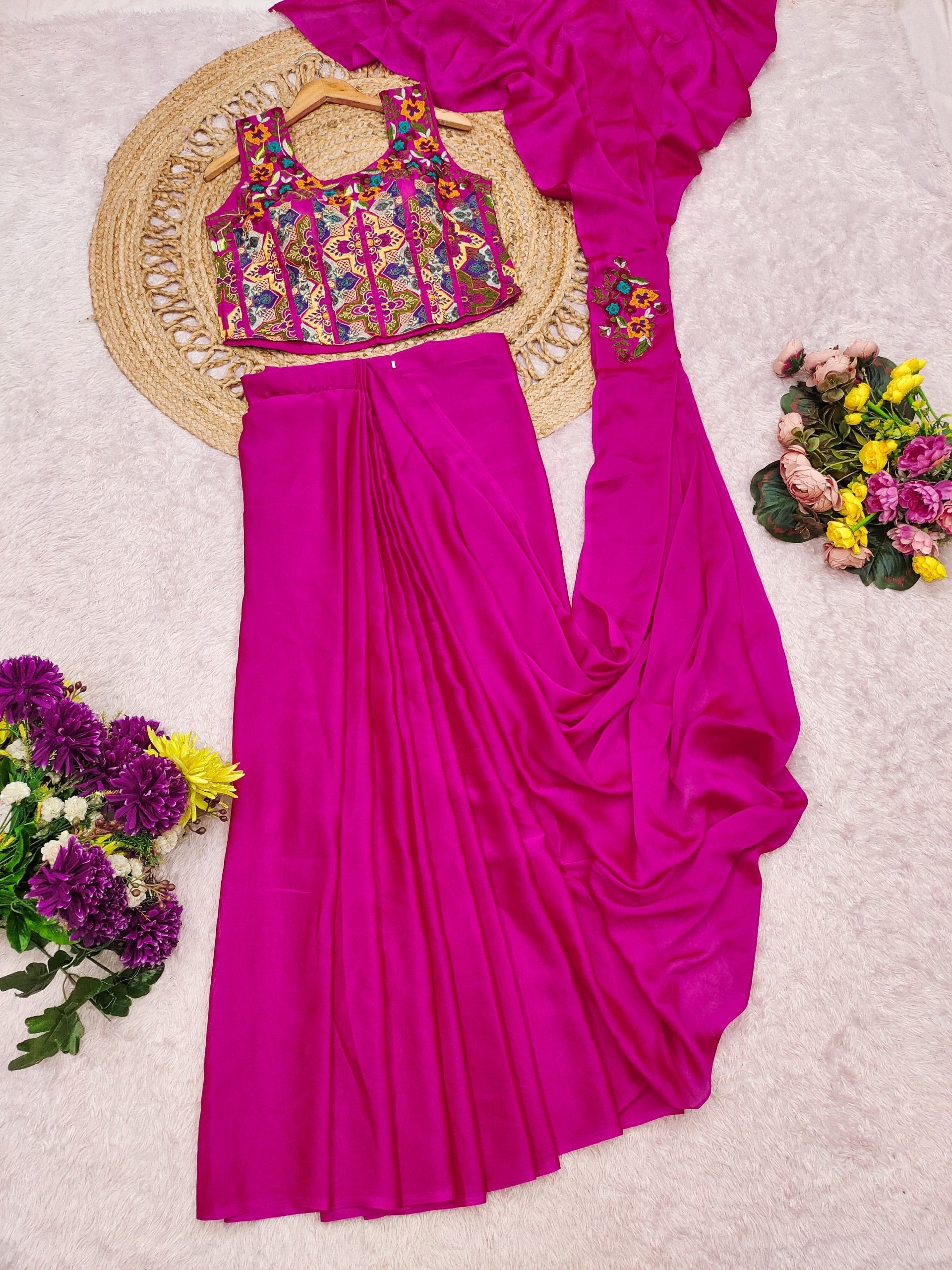 Premium Floral Embroidered Ready-to-Wear Saree – Hot Pink Designer Party Wear Collection 🌸💖