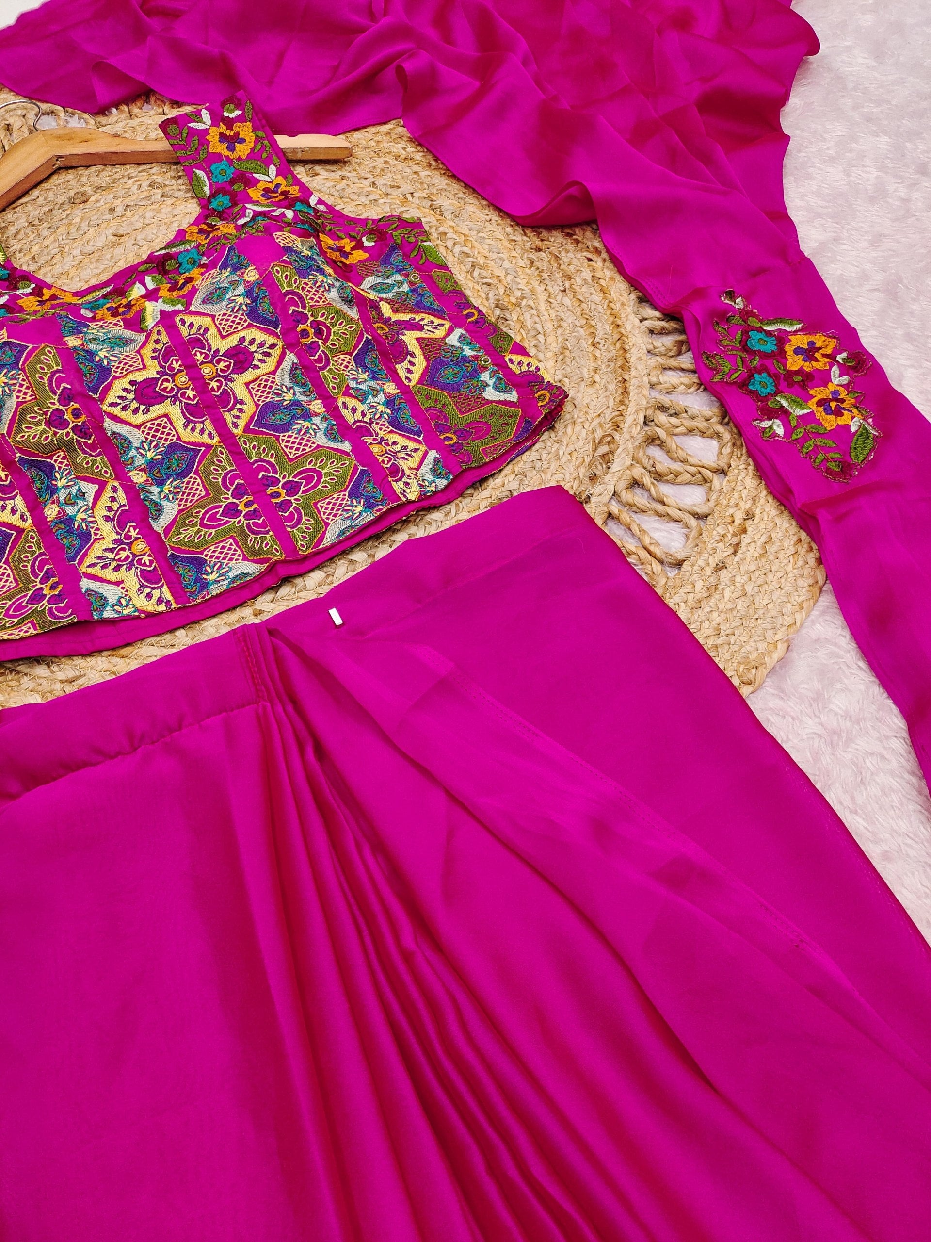 Premium Floral Embroidered Ready-to-Wear Saree – Hot Pink Designer Party Wear Collection 🌸💖