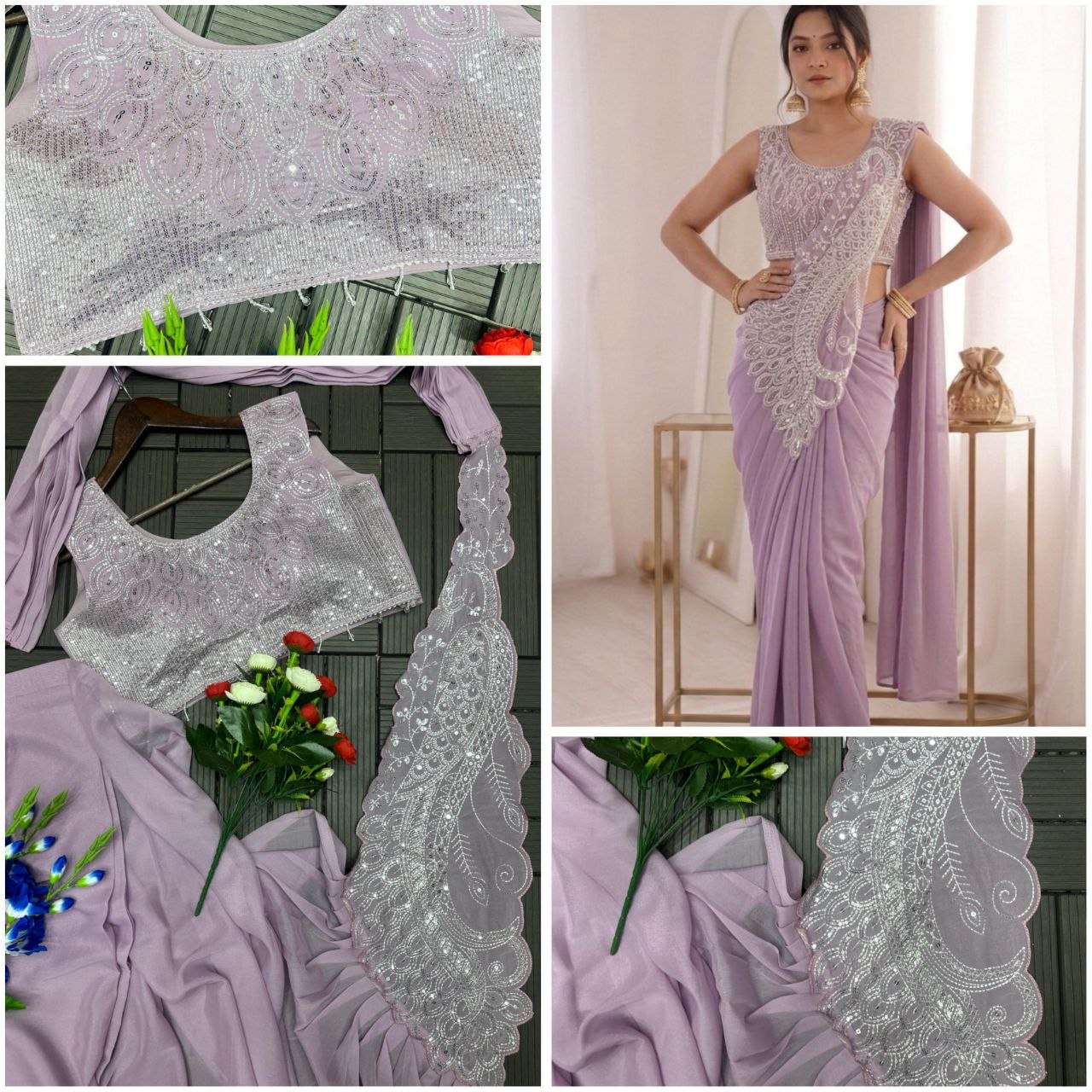 *New Super Trending Embroidery Sequence work ready to wear saree with Embroidery Blouse*