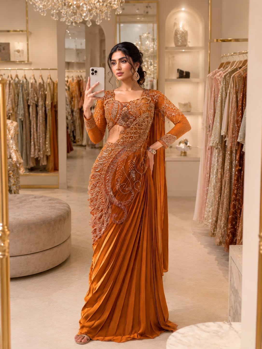 Luxury Copper Brown Ready-to-Wear Saree with Heavy Sequin Embroidery – Designer Party Wear Collection ✨🤎