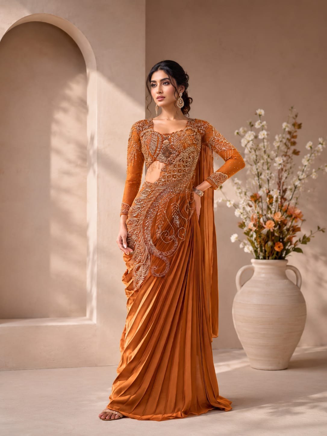Luxury Copper Brown Ready-to-Wear Saree with Heavy Sequin Embroidery – Designer Party Wear Collection ✨🤎