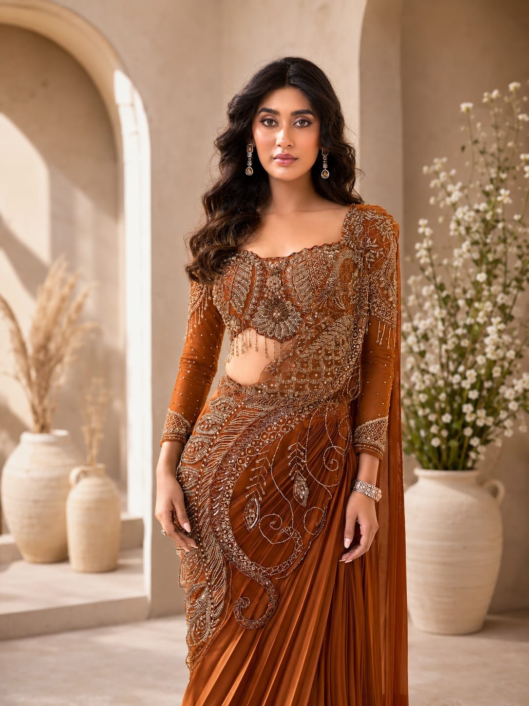 Luxury Copper Brown Ready-to-Wear Saree with Heavy Sequin Embroidery – Designer Party Wear Collection ✨🤎
