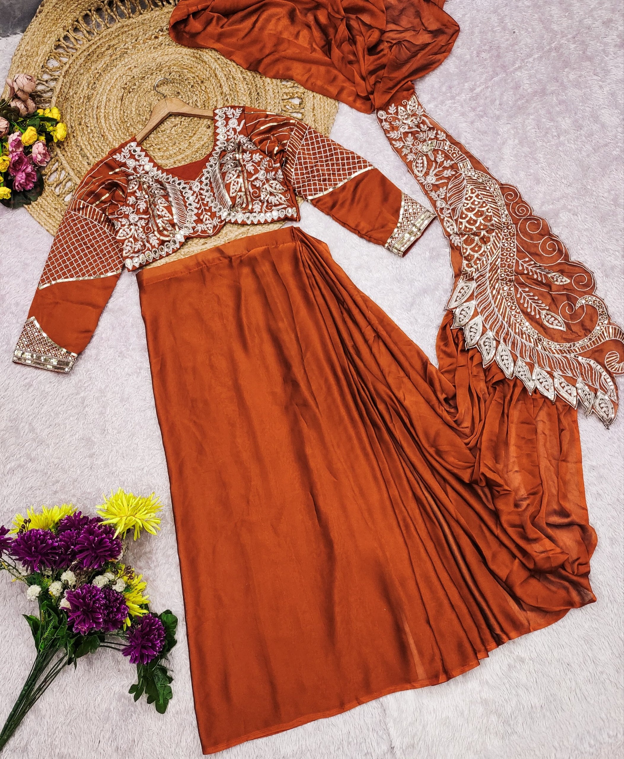 Luxury Copper Brown Ready-to-Wear Saree with Heavy Sequin Embroidery – Designer Party Wear Collection ✨🤎