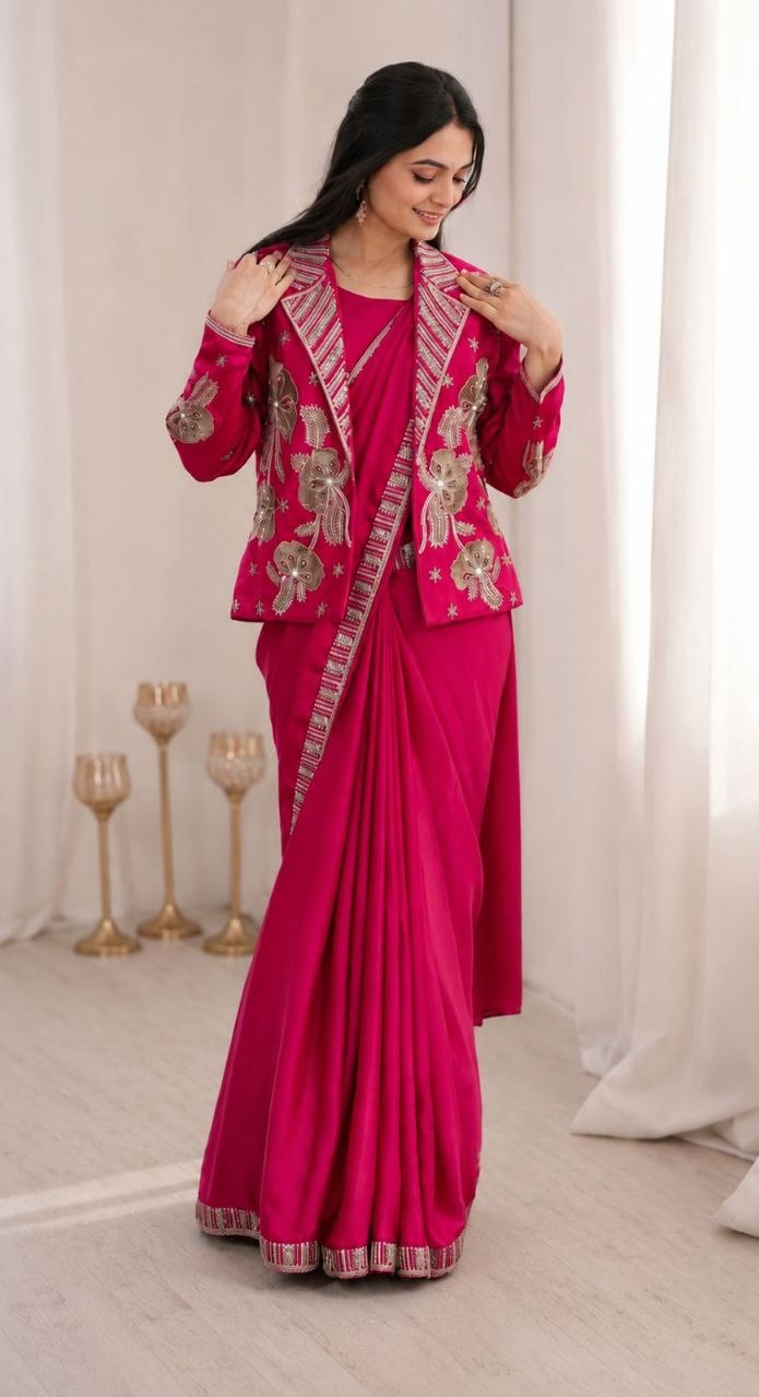 New Super Trending Party jacket with saree Reday to wear Embroidery work saree