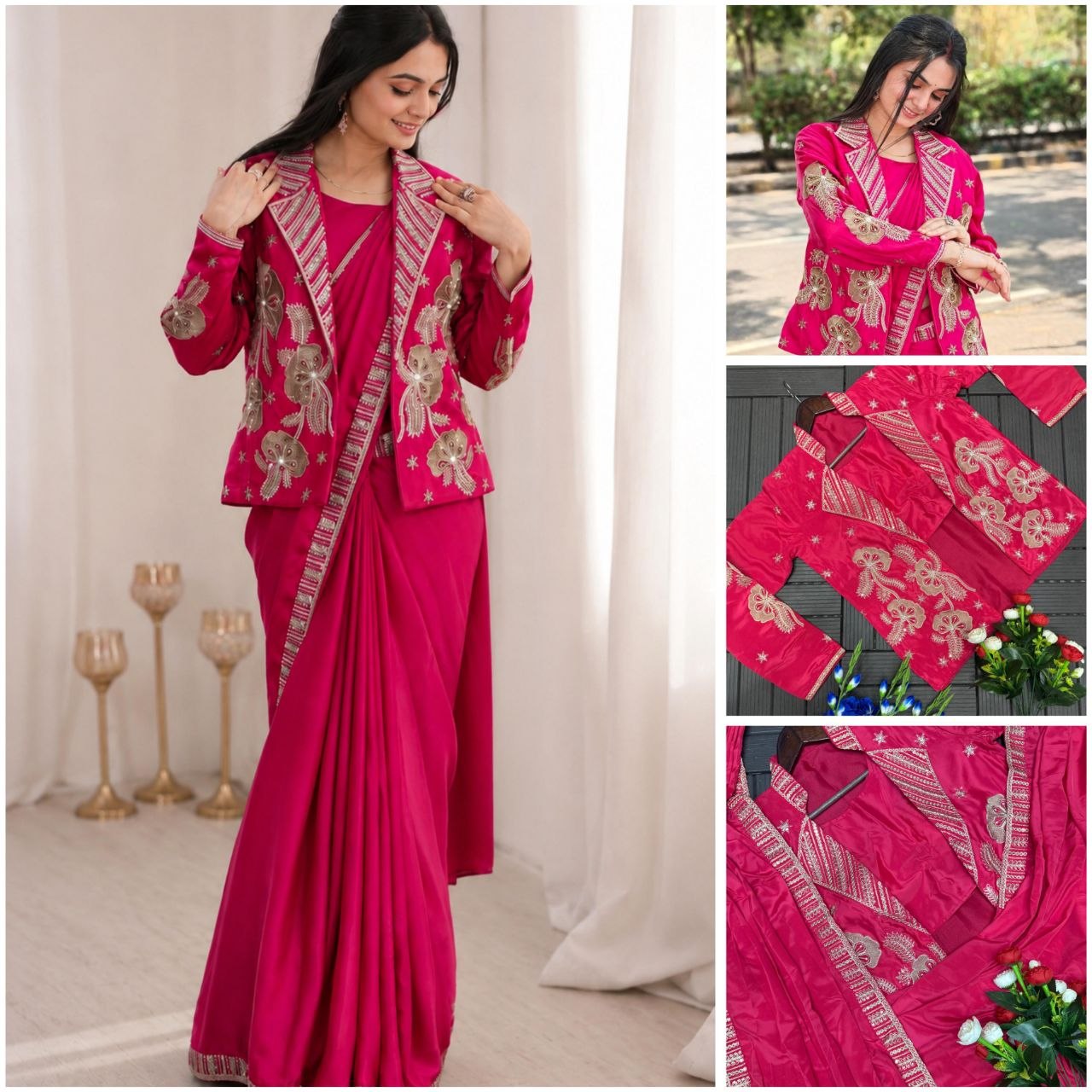 New Super Trending Party jacket with saree Reday to wear Embroidery work saree