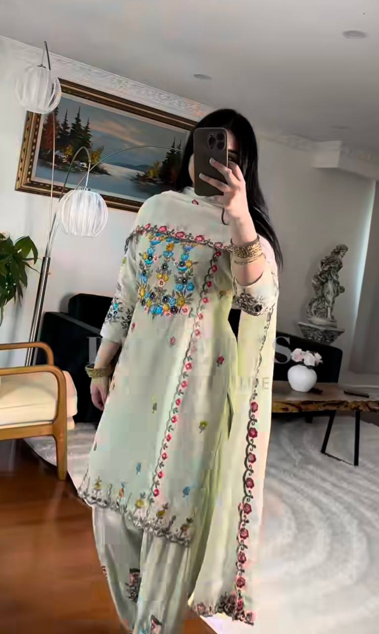 Light Green Embroidered Kurti Pant Set with Dupatta for Women | Designer Festive & Casual Wear Ethnic Suit