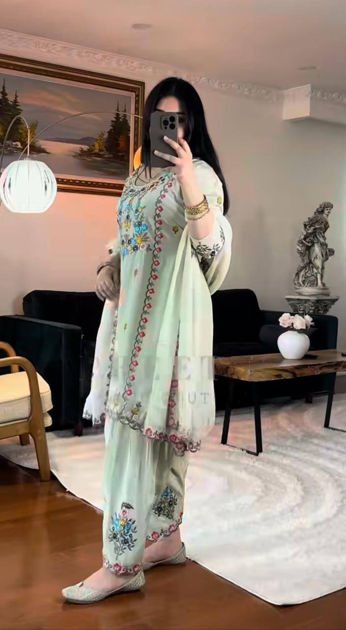 Light Green Embroidered Kurti Pant Set with Dupatta for Women | Designer Festive & Casual Wear Ethnic Suit