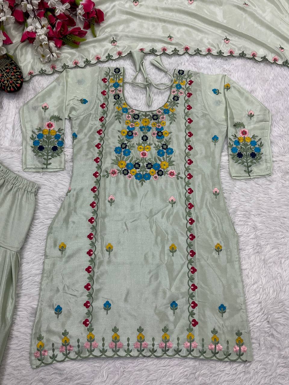 Light Green Embroidered Kurti Pant Set with Dupatta for Women | Designer Festive & Casual Wear Ethnic Suit
