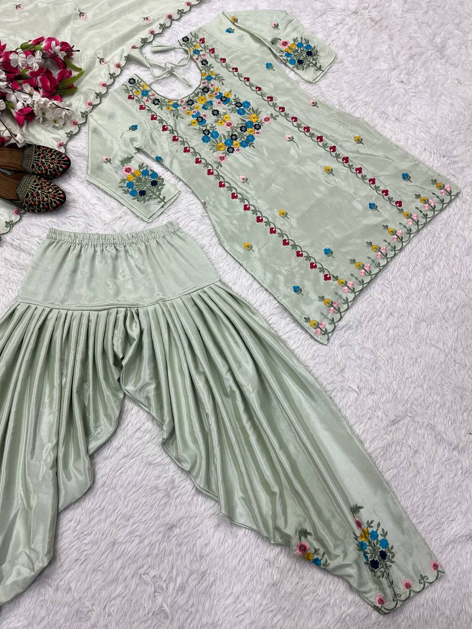 Light Green Embroidered Kurti Pant Set with Dupatta for Women | Designer Festive & Casual Wear Ethnic Suit