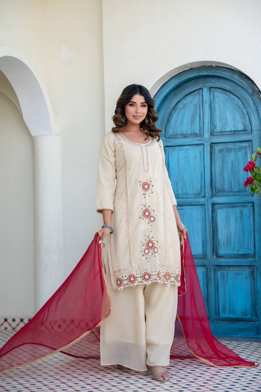 Beige Embroidered Kurti Set with Red Dupatta | Traditional Party Wear Outfit for Women