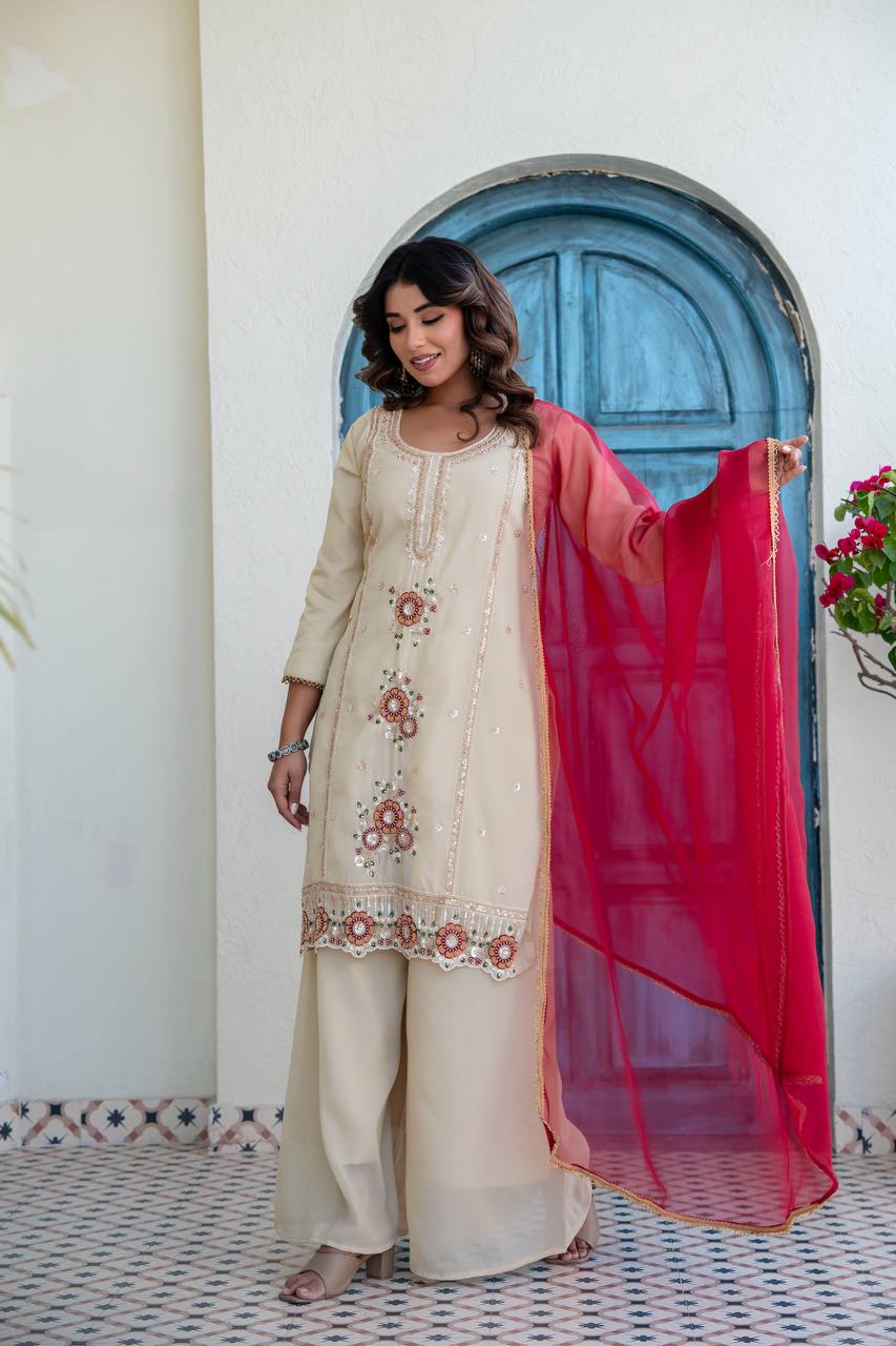Beige Embroidered Kurti Set with Red Dupatta | Traditional Party Wear Outfit for Women