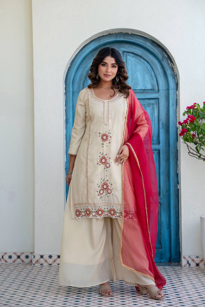 Beige Embroidered Kurti Set with Red Dupatta | Traditional Party Wear Outfit for Women