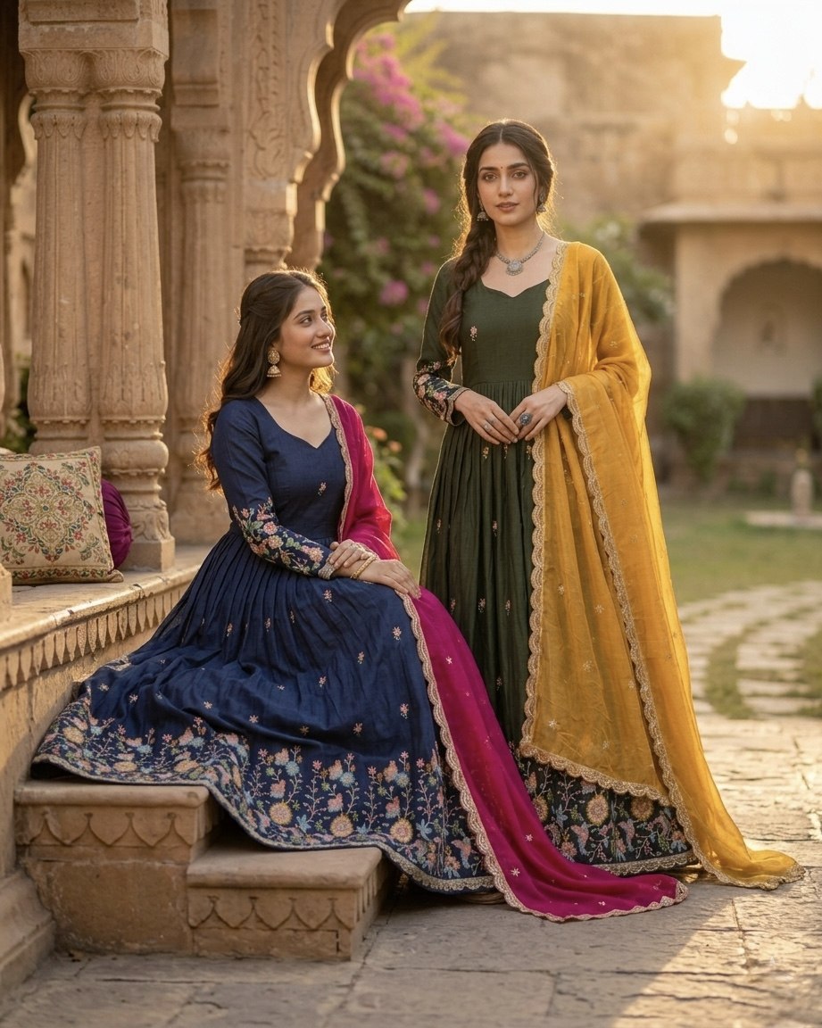 Women's Embroidered Anarkali Gown with Dupatta | Designer Floral Border Ethnic Wear | Wedding, Festive & Party Wear Gown Set