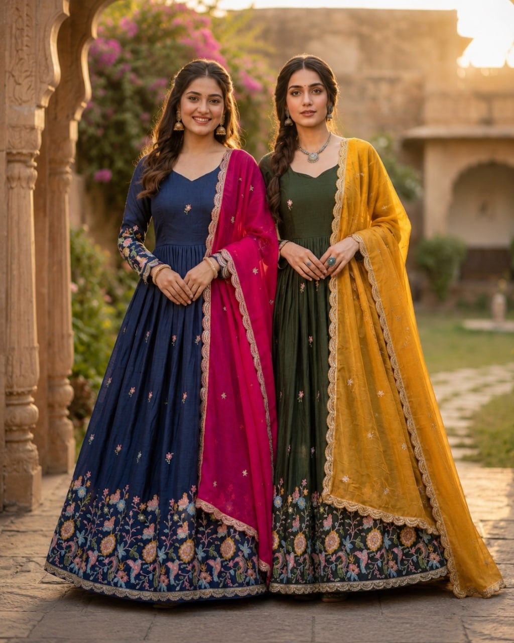 Women's Embroidered Anarkali Gown with Dupatta | Designer Floral Border Ethnic Wear | Wedding, Festive & Party Wear Gown Set