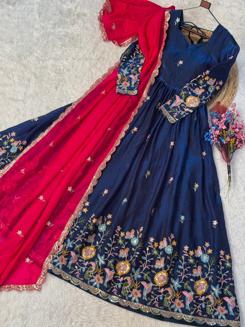 Women's Embroidered Anarkali Gown with Dupatta | Designer Floral Border Ethnic Wear | Wedding, Festive & Party Wear Gown Set