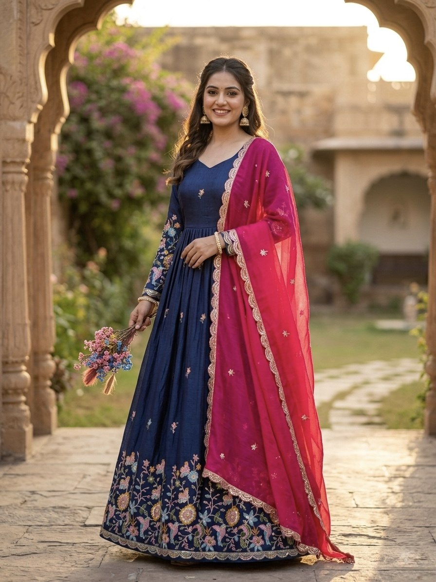 Women's Embroidered Anarkali Gown with Dupatta | Designer Floral Border Ethnic Wear | Wedding, Festive & Party Wear Gown Set