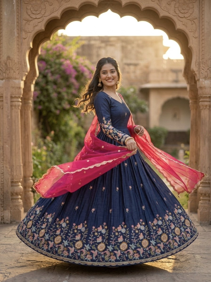 Women's Embroidered Anarkali Gown with Dupatta | Designer Floral Border Ethnic Wear | Wedding, Festive & Party Wear Gown Set