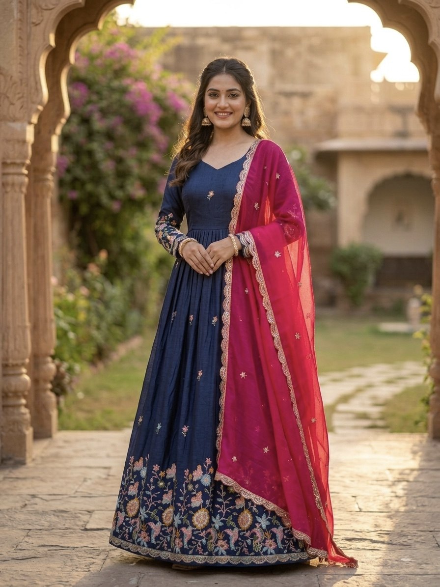 Women's Embroidered Anarkali Gown with Dupatta | Designer Floral Border Ethnic Wear | Wedding, Festive & Party Wear Gown Set