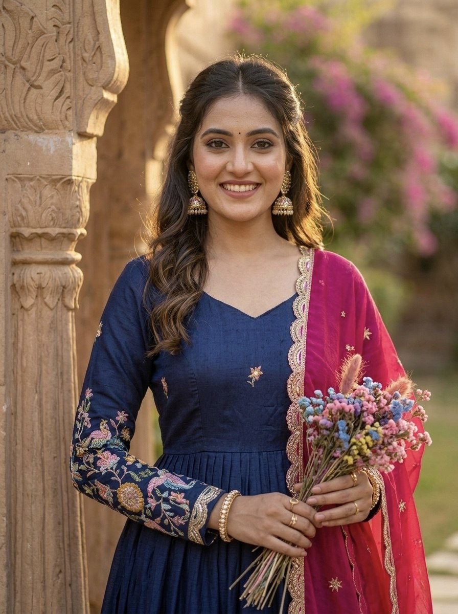 Women's Embroidered Anarkali Gown with Dupatta | Designer Floral Border Ethnic Wear | Wedding, Festive & Party Wear Gown Set