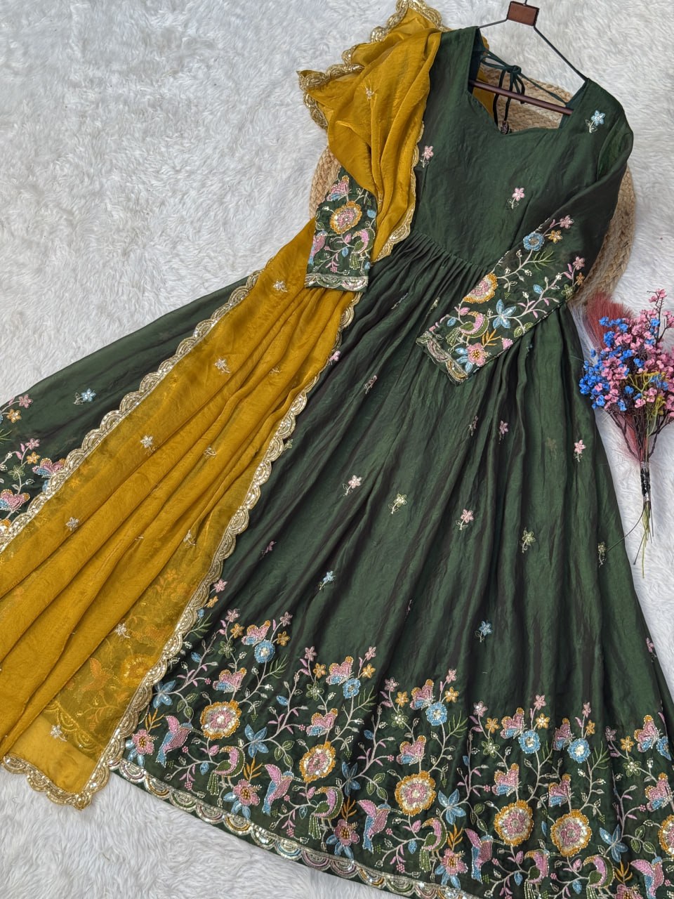 Women's Embroidered Anarkali Gown with Dupatta | Designer Floral Border Ethnic Wear | Wedding, Festive & Party Wear Gown Set