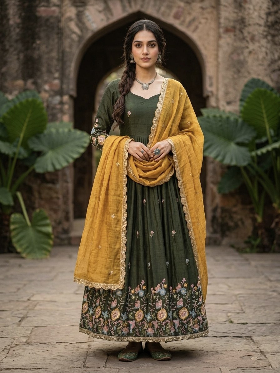Women's Embroidered Anarkali Gown with Dupatta | Designer Floral Border Ethnic Wear | Wedding, Festive & Party Wear Gown Set