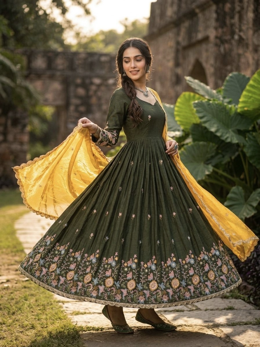 Women's Embroidered Anarkali Gown with Dupatta | Designer Floral Border Ethnic Wear | Wedding, Festive & Party Wear Gown Set
