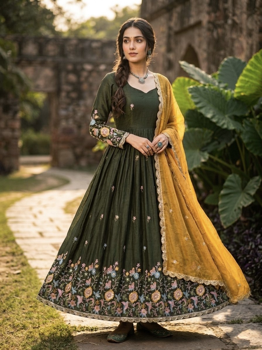 Women's Embroidered Anarkali Gown with Dupatta | Designer Floral Border Ethnic Wear | Wedding, Festive & Party Wear Gown Set