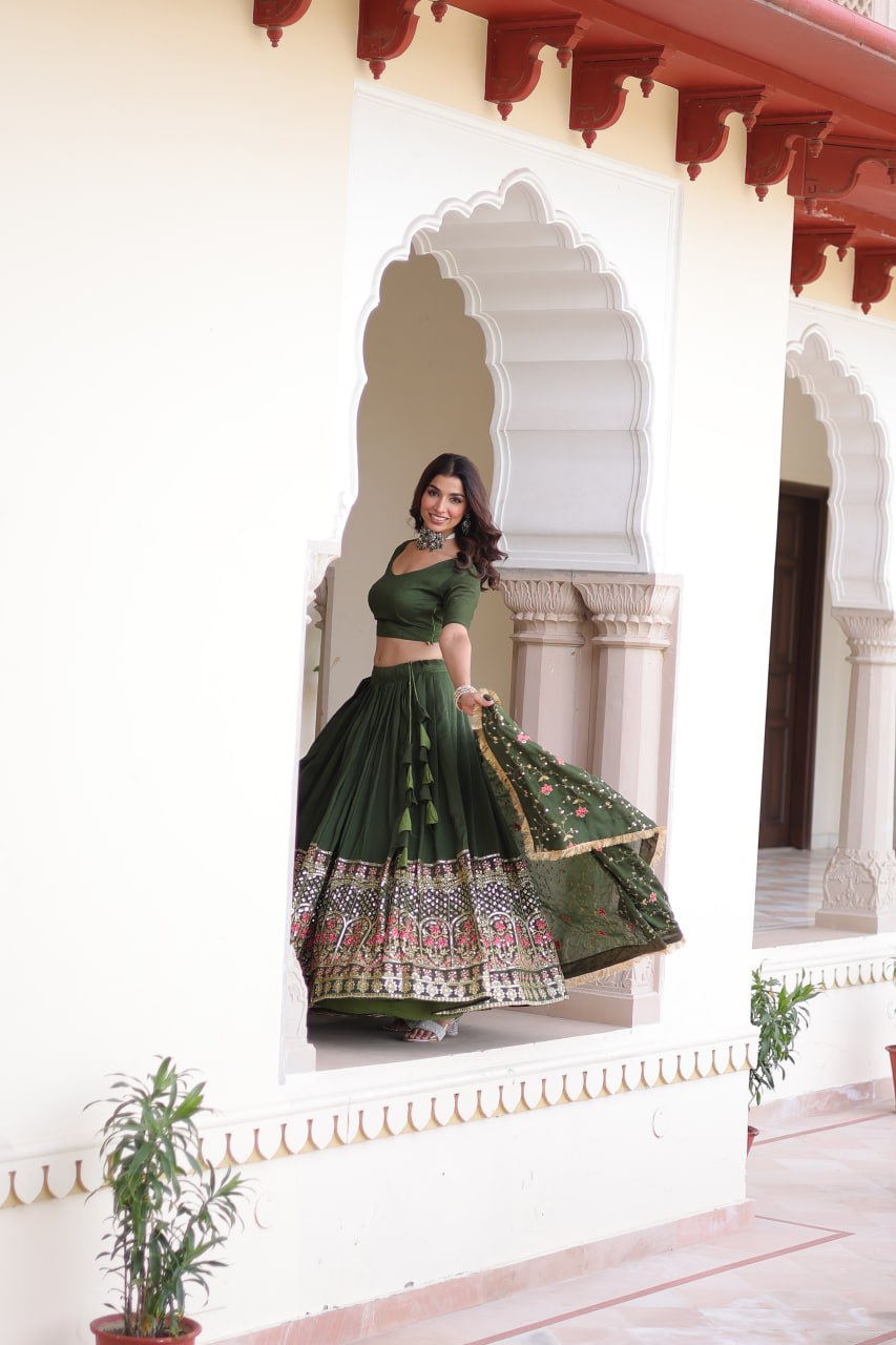 Maroon Elegant Vichitra Silk Sequins & Thread Embroidered Lehenga Set with Designer Lace Dupatta