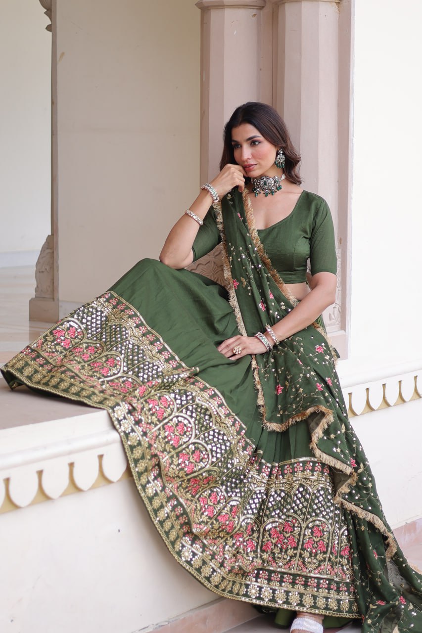 Maroon Elegant Vichitra Silk Sequins & Thread Embroidered Lehenga Set with Designer Lace Dupatta