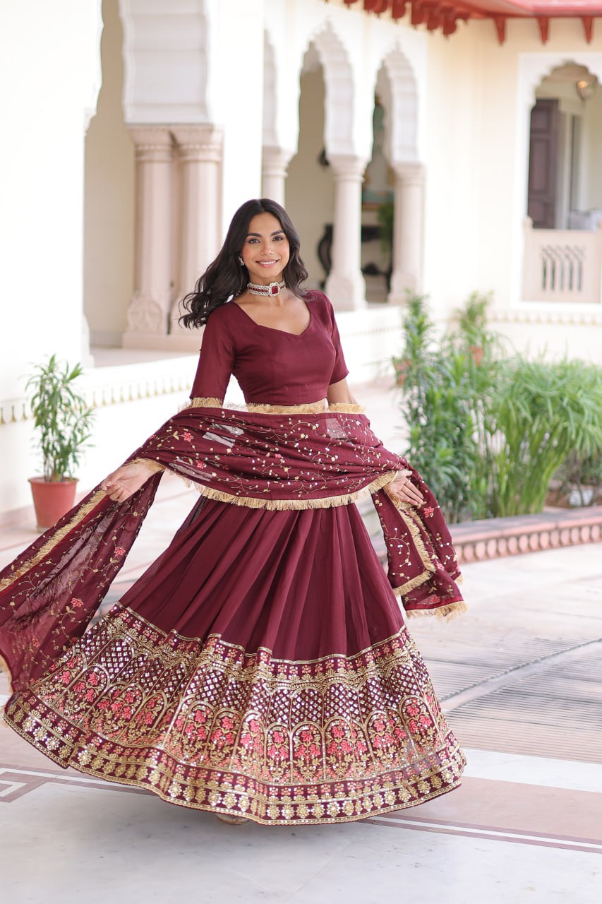Maroon Elegant Vichitra Silk Sequins & Thread Embroidered Lehenga Set with Designer Lace Dupatta