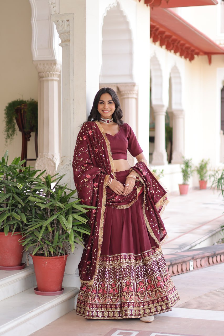 Maroon Elegant Vichitra Silk Sequins & Thread Embroidered Lehenga Set with Designer Lace Dupatta