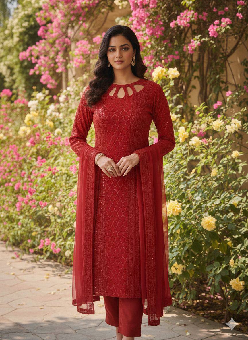 Red Embroidered Kurti Pant Set with Dupatta for Women | Designer Festive & Party Wear Ethnic Suit