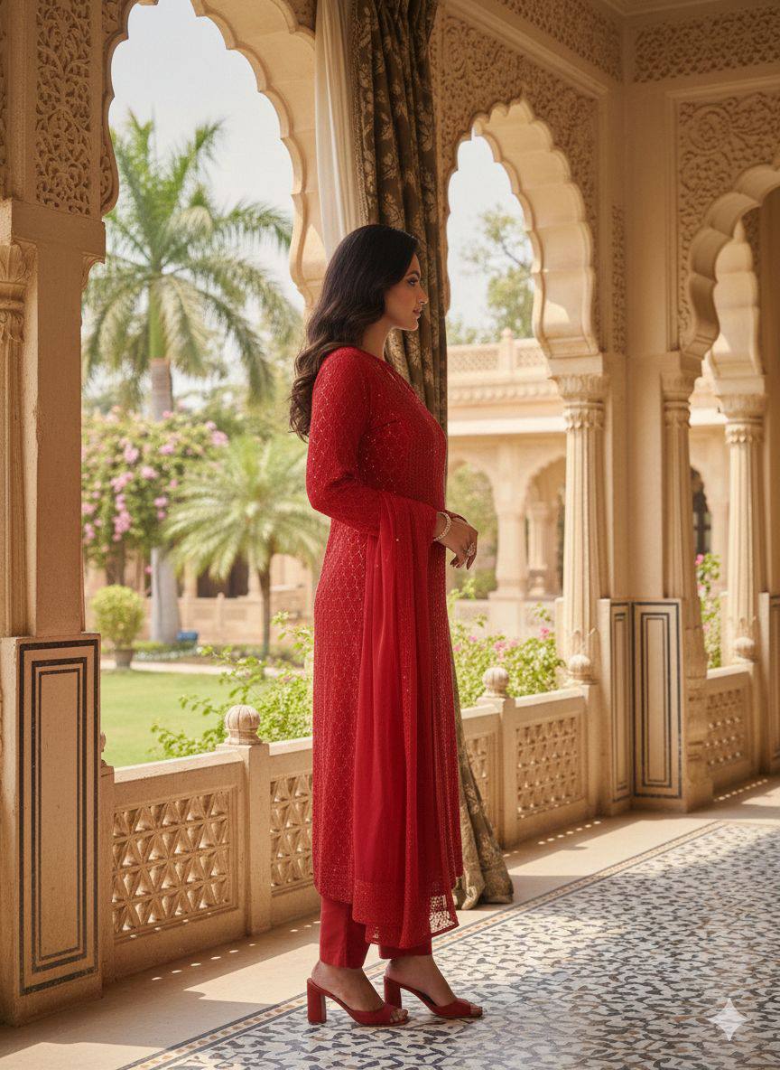 Red Embroidered Kurti Pant Set with Dupatta for Women | Designer Festive & Party Wear Ethnic Suit