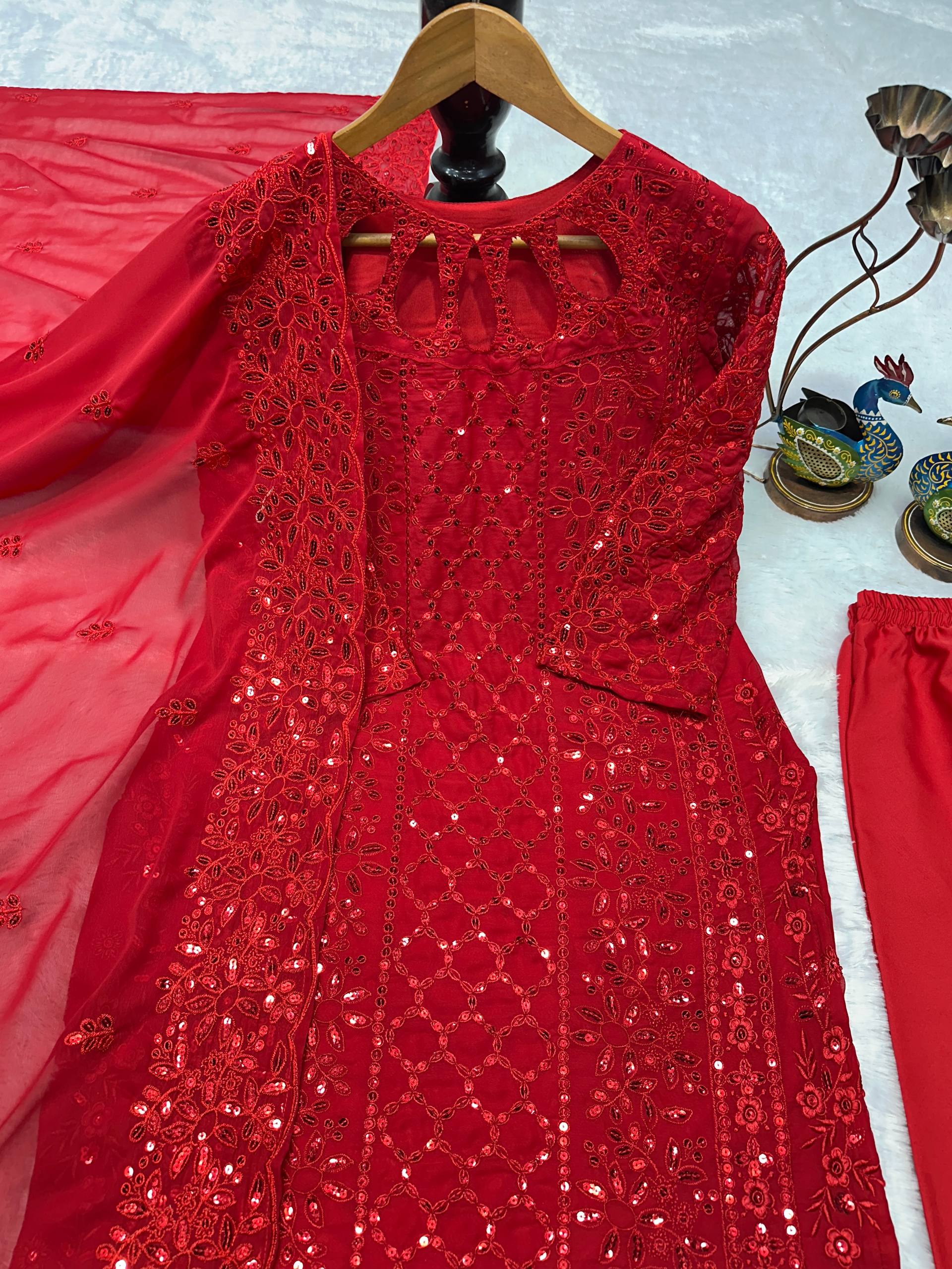 Red Embroidered Kurti Pant Set with Dupatta for Women | Designer Festive & Party Wear Ethnic Suit