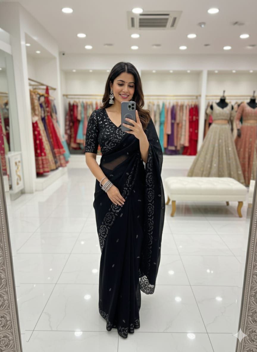 Classic Black Party Wear Saree with Subtle Embroidery Work