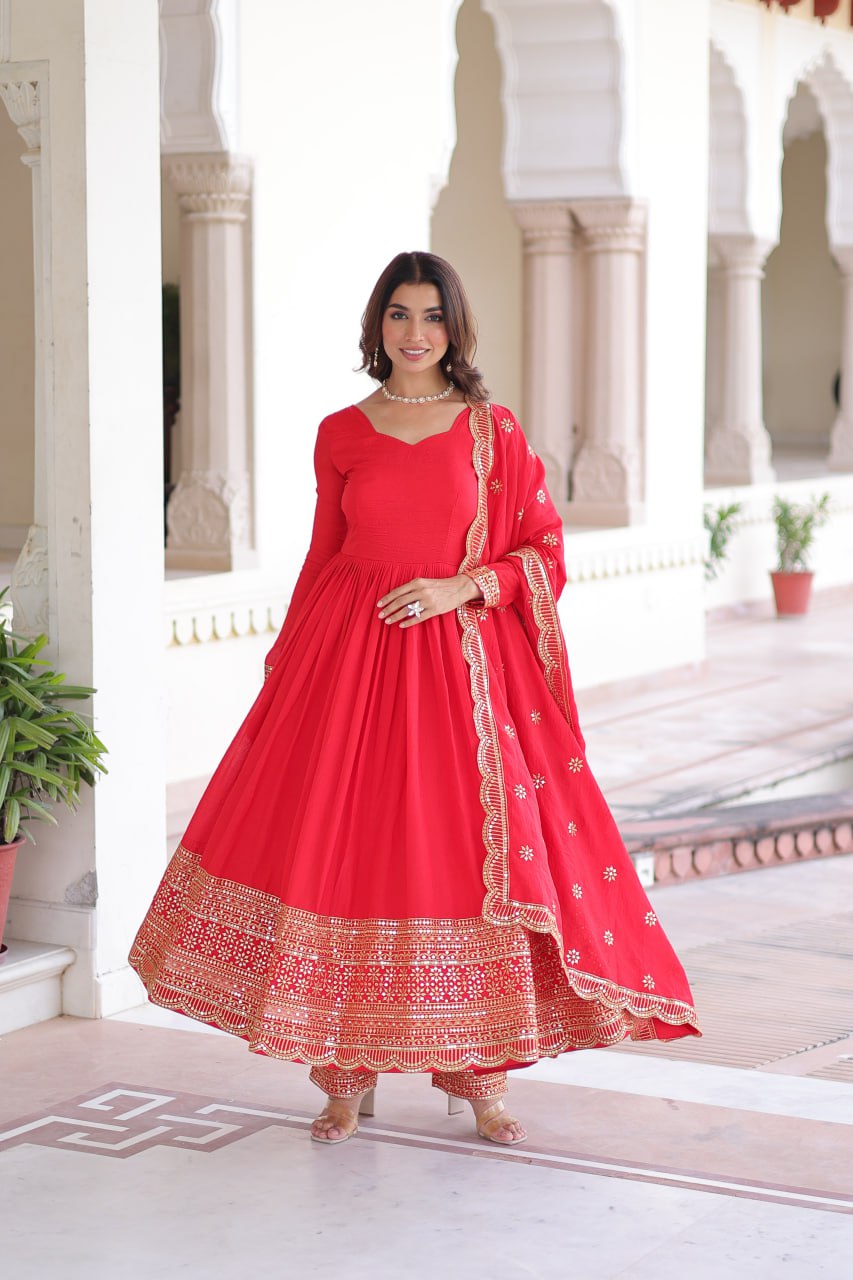 Red Vichitra Silk Embroidered Gown Set with Sequins Work, Dupatta & Bottom – Full Sleeves, Fancy V-Neck, 3-Meter Flair