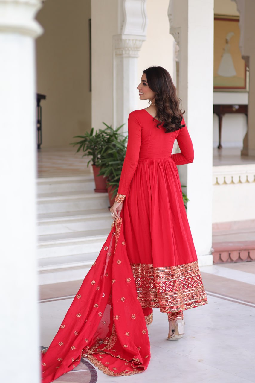 Red Vichitra Silk Embroidered Gown Set with Sequins Work, Dupatta & Bottom – Full Sleeves, Fancy V-Neck, 3-Meter Flair