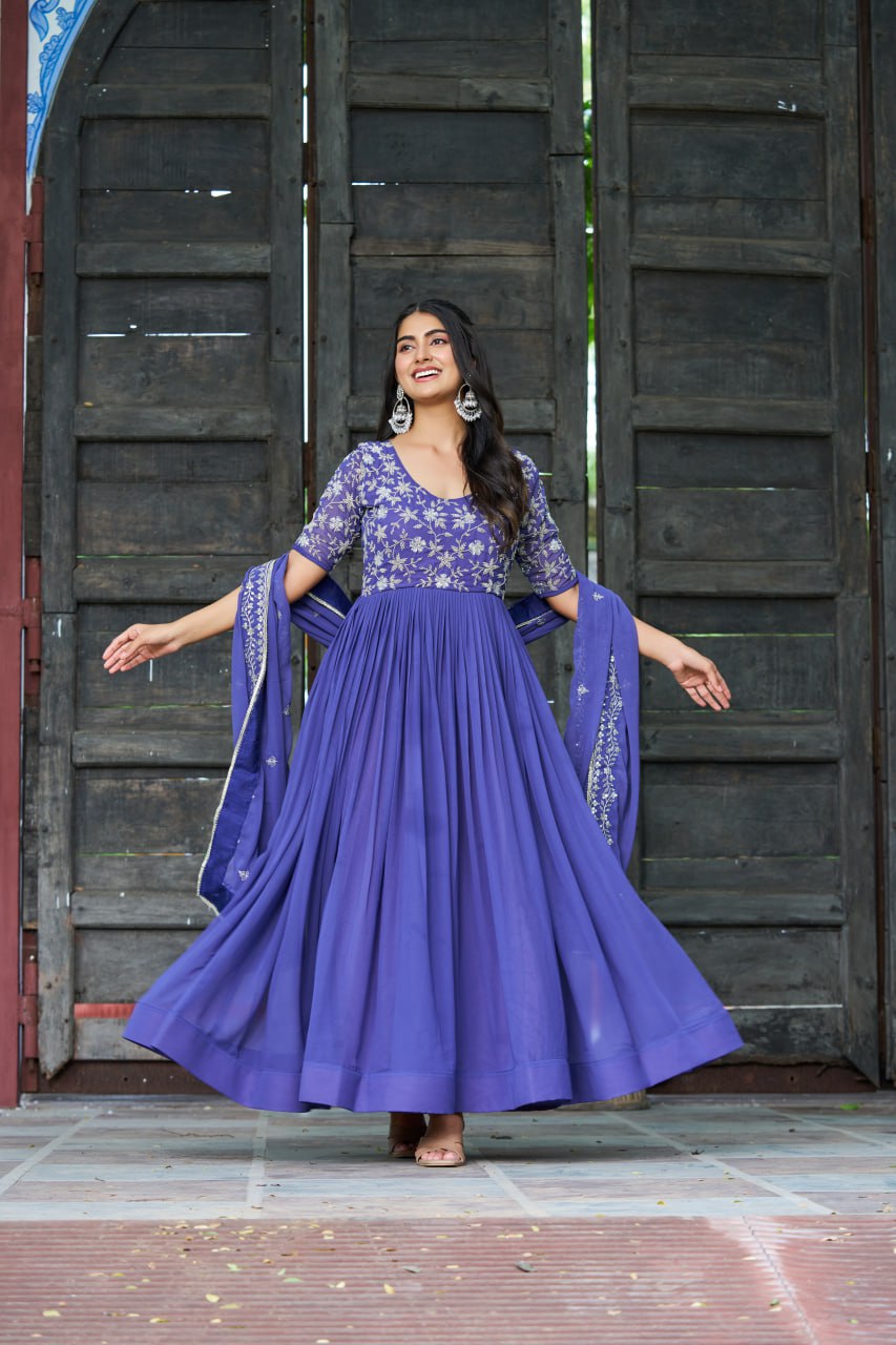 Purple Premium Faux Blooming Sequins & Multithread Beads Embroidered Gown with Designer Dupatta