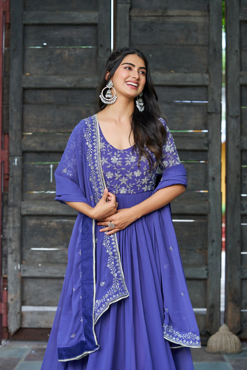 Purple Premium Faux Blooming Sequins & Multithread Beads Embroidered Gown with Designer Dupatta