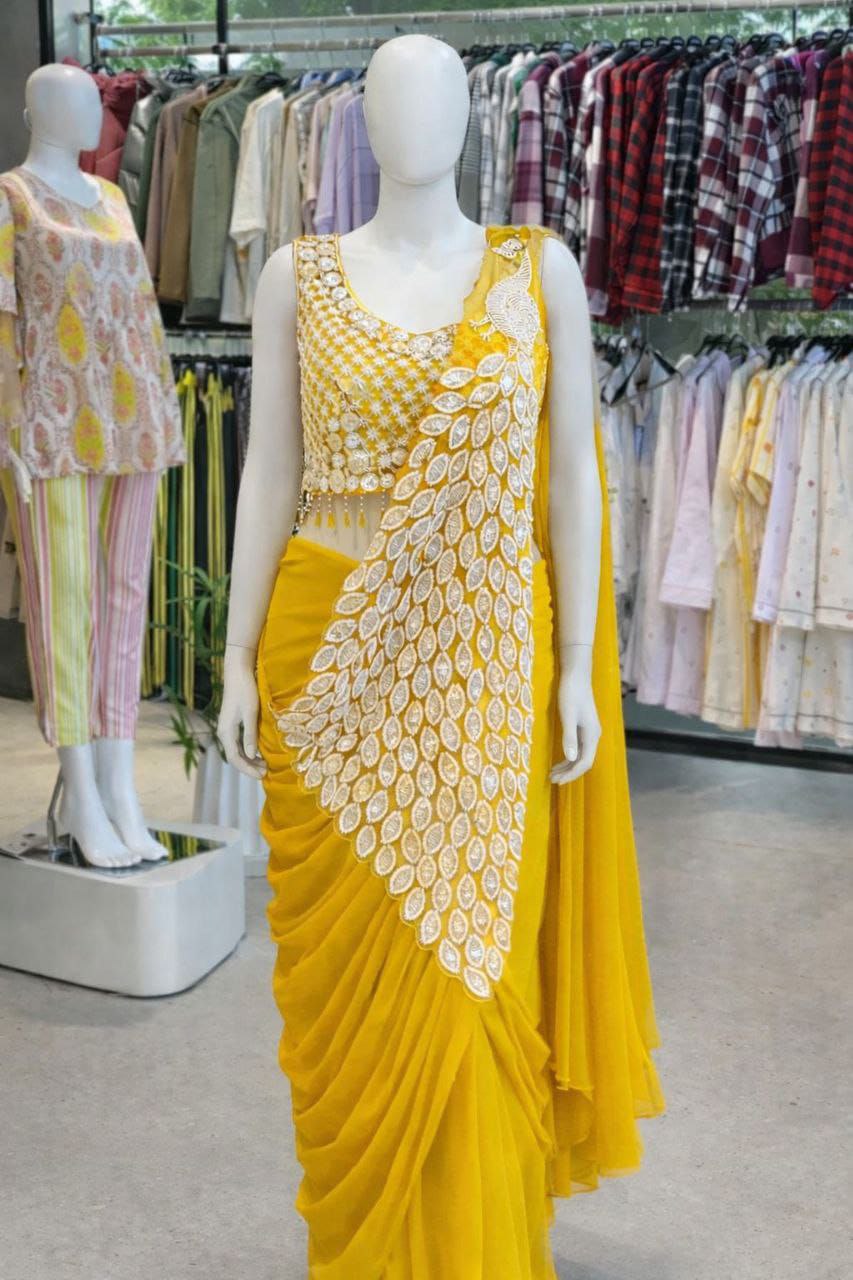 Elegant Mustard Yellow Designer Drape Saree with Heavy Embroidery