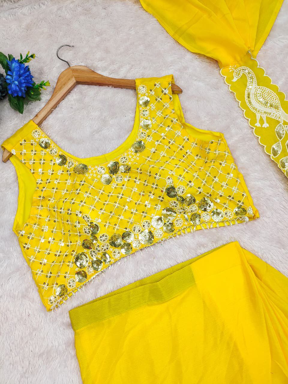 Elegant Mustard Yellow Designer Drape Saree with Heavy Embroidery
