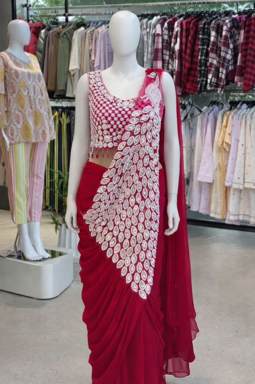 Elegant Mustard Yellow Designer Drape Saree with Heavy Embroidery