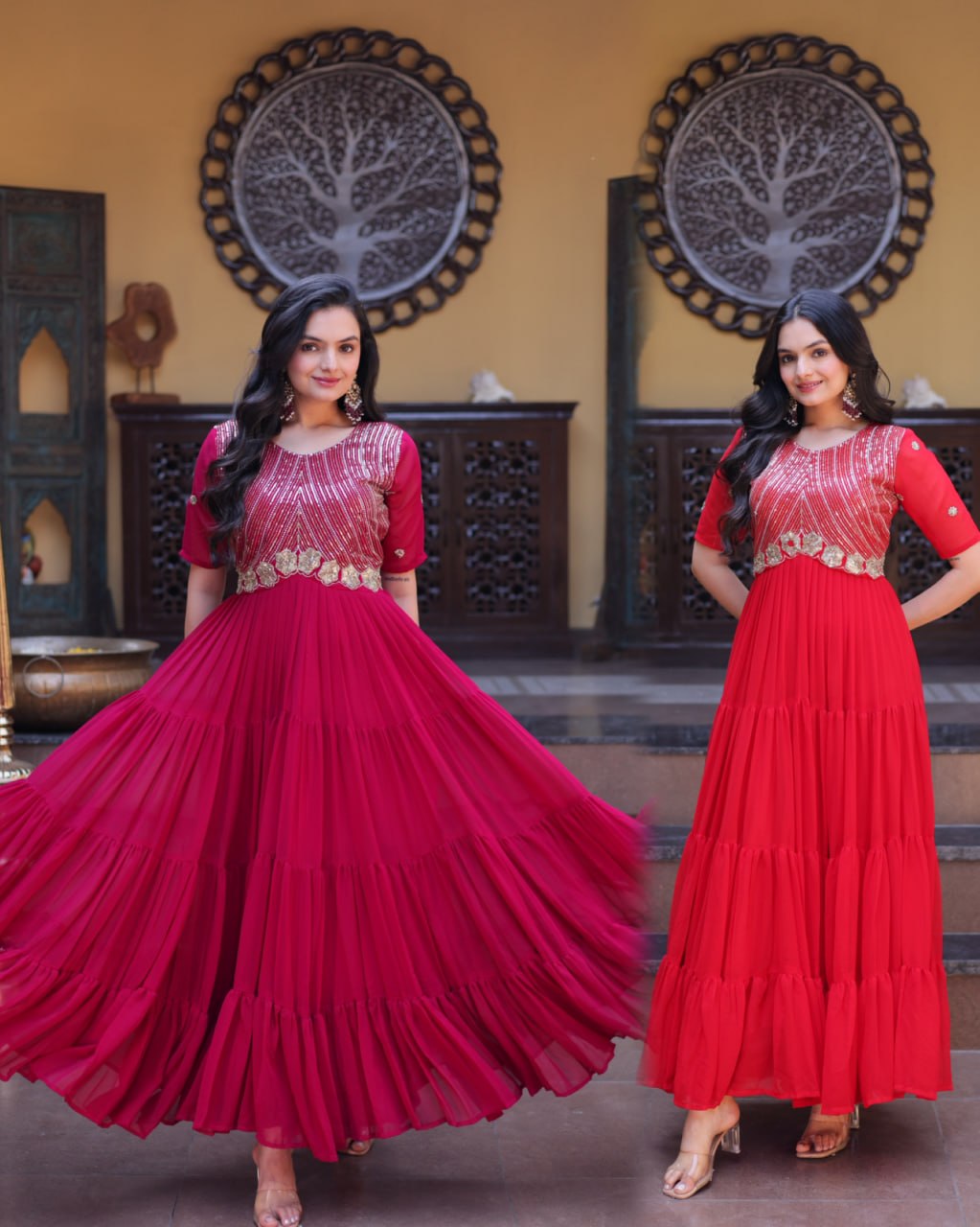 Women's Designer Pleated Anarkali Gown | Heavy Sequins Embroidered Party Wear Long Flared Ethnic Dress | Wedding & Festive Wear