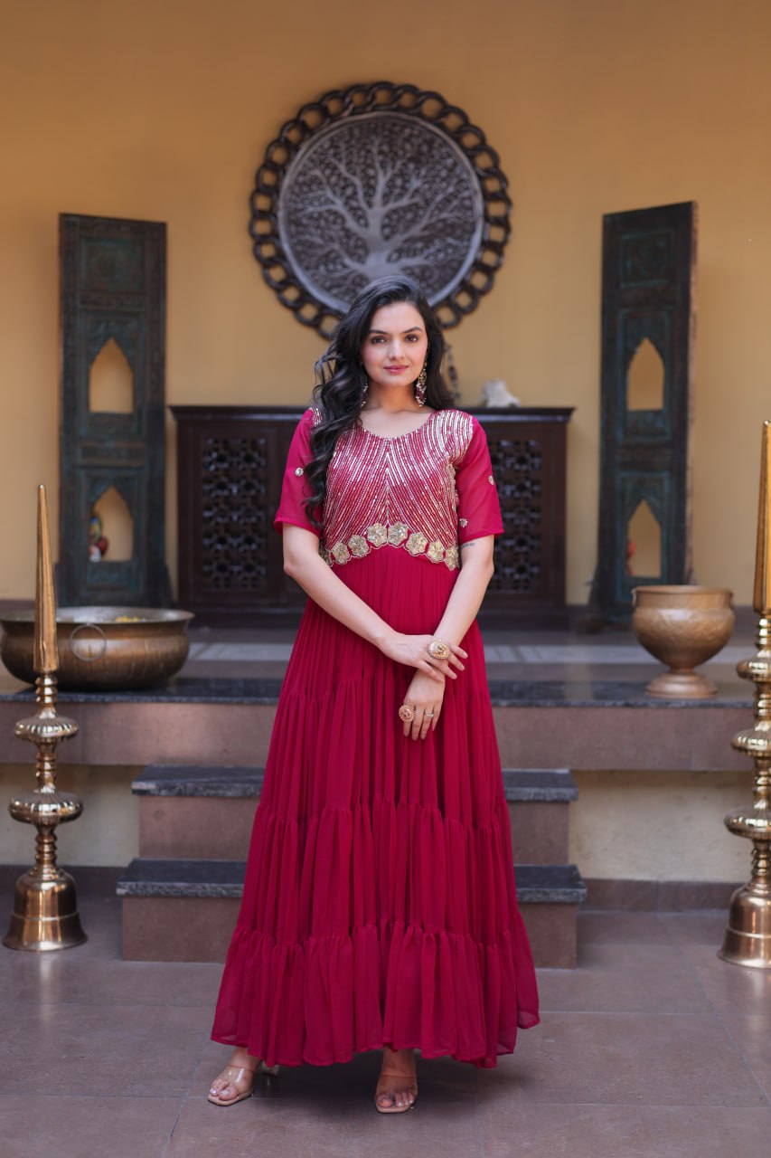Women's Designer Pleated Anarkali Gown | Heavy Sequins Embroidered Party Wear Long Flared Ethnic Dress | Wedding & Festive Wear